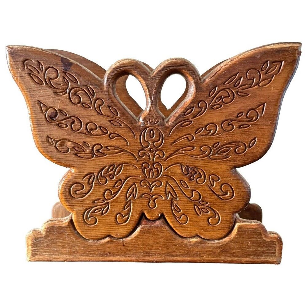 VTG Carved Wood Butterfly Napkin Holder Mail Desk Organizer Boho Decor 6 in
